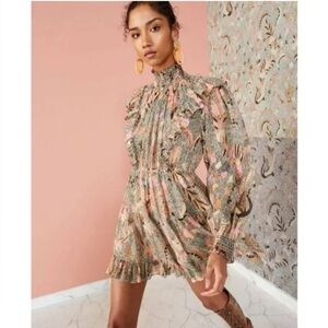 Ulla Johnson Vienne Long Sleeve Mini Dress Floral Flowers Ruffle Silk Blend 6